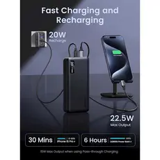 პორტატული დამტენი UGREEN PB312(25683), 20000mAh, USB Type-C, USB, Two-way Power Bank, Black, 7 image