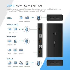 KVM სვიჩი UGREEN CM200 (50744), HDMI 2 IN 1 KVM Switcher, 4K*2K@30HZ, Black, 4 image