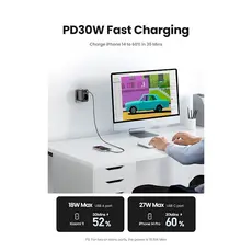 ადაპტერი UGREEN CD314 (90613), 30W, 1 Socket, USB-A, USB-C, Gray, 5 image