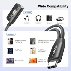 აუდიო ადაპტერი UGREEN CM721 (25837), Type-C to 3.5mm Audio Adapter with Power Delivery, Black, 4 image