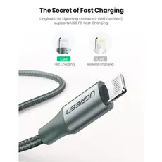 USB კაბელი UGREEN US304 (80564), 87W, MFi, USB-C to Lightning, 1m, Midnight Green, 4 image