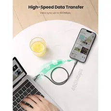 USB კაბელი UGREEN US304 (80564), 87W, MFi, USB-C to Lightning, 1m, Midnight Green, 5 image