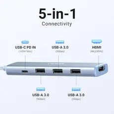 USB-C ჰაბი UGREEN CM478 (35581), USB, USB-C, HDMI, HUB, Blue, 4 image