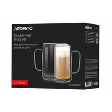 ჭიქების ნაკრები Ardesto Doublewall mug set with handles, 400ml, 2pcs, borosilicate glass, transparent, 7 image