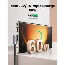 USB კაბელი UGREEN US323 (70531), 60W, Right Angle type-C to type-C Angled, 2m, Black/Grey, 5 image