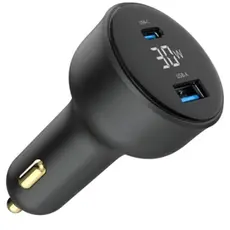 მანქანის დამტენი Gembird TA-UC-AC2PD30LCD-CAR-01 2-port USB CarFast Charger USB-C PD LCD 30W Black, 2 image