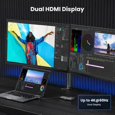 USB-C ჰაბი UGREEN CM498 (15852) Revodok 206, 2 x HDMI, USB, Type-C, HUB, Grey, 7 image