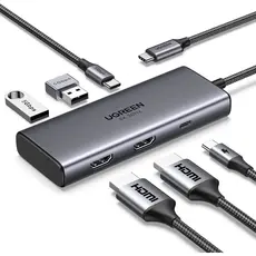 USB-C ჰაბი UGREEN CM498 (15852) Revodok 206, 2 x HDMI, USB, Type-C, HUB, Grey, 2 image