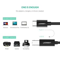 პრინტერის კაბელი UGREEN US241 (50446), USB-C Male To USB-B 2.0 Male, Printer Cable, 2M, Black, 5 image