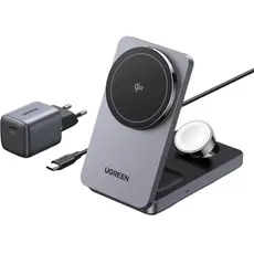 უსადენო დამტენი UGREEN W707 (45025) Qi2 MagFlow, 15W, Wireless Charging Station With 30W USB-C Charger, Space gray