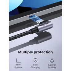 USB კაბელი UGREEN US255 (50123), 60W, Type-C to Angled Type-C Round, 1m, Grey, 3 image