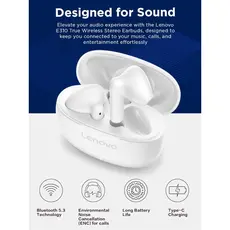 ყურსასმენი Lenovo GXD1Q65145 E310, Earbuds, Wireless, Bluetooth, White, 5 image