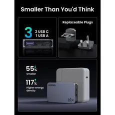 მობილურის დამტენი UGREEN X753 (25356) Nexode Pro, 65W, USB, Type-C, Ultra Slim Travel Adapter, Grey, 6 image