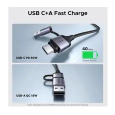 აუდიო ადაპტერი და დამტენი UGREEN CM772 (45009), 60W, 2-in-1 Audio Charger Adapter And AUX, 1.5m, Black/Grey, 4 image