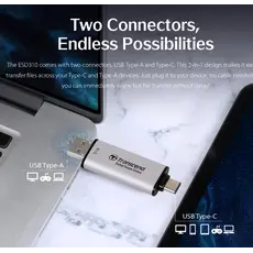 გარე მყარი დისკი Transcend 512GB, External SSD, ESD310S, USB 10Gbps, Type C/A, Silver