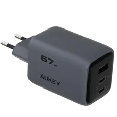 ადაპტერი AUKEY PA-C3 charger with 67W total power, three 2C/1A ports, global fast charging protocol, EU plug, dark gray