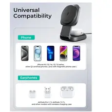 პორტატული დამტენი AUKEY LC-MC211 2-in-1 (Phone + Earphones) Desktop Retractable and Foldable Magnetic Wireless Charger with 1.5M C-to-C Cable, Gunmetal Color, 3 image