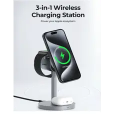 პორტატული დამტენი AUKEY LC-MC311 3-in-1 desktop magnetic wireless charger (gun color) QI2.0 version with C-C1.5M+30W European standard charging plug, 2 image