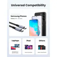 USB კაბელი UGREEN US261 (50149), 60W, Type-C To Type-C, 0.5m, Grey, 5 image