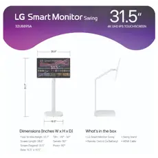 მონიტორი LG 32U889SA-W.AMA 32 Inch 4K 3840 x 2160 IPS 350 cd/m² 60Hz Touchscreen Smart Monitor Swing with Rolling Stand White, 6 image