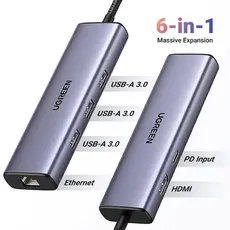 USB-C ჰაბი UGREEN CM512 (15598), Type-C, USB, HDMI, Lan, PD, Hub, Grey, 2 image