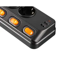 დენის გამანაწილებელი 2E Power strip with surge protection, 3m, 6xTypeF, 16A, 2xUSB-A, 1xUSB-C, black, 3 image