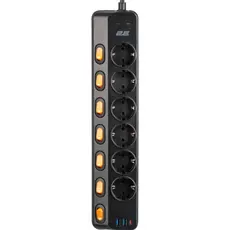 დენის გამანაწილებელი 2E Power strip with surge protection, 3m, 6xTypeF, 16A, 2xUSB-A, 1xUSB-C, black, 4 image