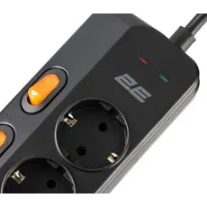 დენის გამანაწილებელი 2E Power strip with surge protection, 3m, 6xTypeF, 16A, 2xUSB-A, 1xUSB-C, black, 2 image