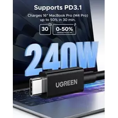 ვიდეო კაბელი UGREEN L703 (45996), 240W, Type-C Thunderbolt 5 Cable, 1m, Black, 2 image