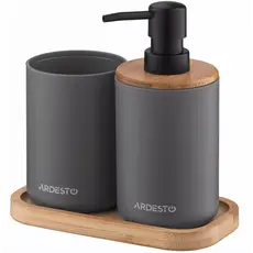 Soap dispenser ARDESTO Bathroom set Minimalism 360ml, 3 items, polypropylene, bamboo, dark grey 767637180702