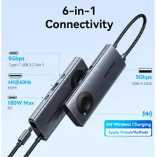 Docking Station Vention TPMHB 6-in-1 USB-C 4K/60Hz Wireless Charging Docking Station 5Gbps 100W PD 0.11m Gray Aluminum, 3 image