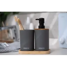 Soap dispenser ARDESTO Bathroom set Minimalism 360ml, 3 items, polypropylene, bamboo, dark grey 767637180702, 4 image