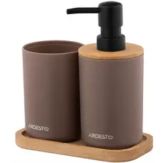 Soap dispenser ARDESTO Bathroom set Minimalism 360ml, 3 items, polypropylene, bamboo, taupe 767637180719