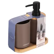 Soap dispenser ARDESTO Bathroom set Minimalism 360ml, 3 items, polypropylene, bamboo, taupe 767637180719, 4 image