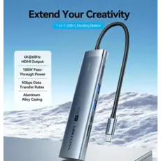Docking Station Vention TPSHB 7-in-1 USB-C 4K/60Hz Docking Station 5Gbps 100W PD 0.15m Gray Aluminum, 2 image