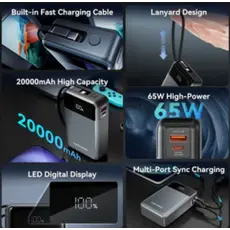 Portrait charger Vention FKDM0 20,000mAh Power Bank 65W With LED Display Gray, 3 image
