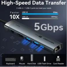 Docking Station Vention TGNHB 6-in-1 USB-C 4K/60Hz Docking Station 5Gbps 100W PD 0.15m Gray Aluminum, 3 image
