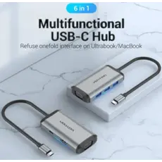Docking Station Vention TGSHB 6-in-1 USB-C 4K/30Hz Docking Station 5Gbps 0.15m Gray Aluminum, 2 image