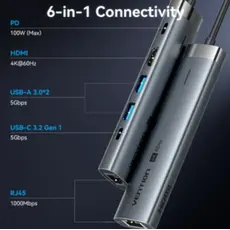 Docking Station Vention TGNHB 6-in-1 USB-C 4K/60Hz Docking Station 5Gbps 100W PD 0.15m Gray Aluminum, 4 image
