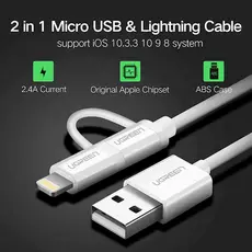 USB კაბელი UGREEN US178 (20876) USB 2.0 to Micro USB+Lightning (2 in 1) Data Cable 1M, 5 image