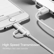 USB კაბელი UGREEN US178 (20876) USB 2.0 to Micro USB+Lightning (2 in 1) Data Cable 1M, 6 image