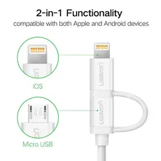 USB კაბელი UGREEN US178 (20876) USB 2.0 to Micro USB+Lightning (2 in 1) Data Cable 1M, 2 image