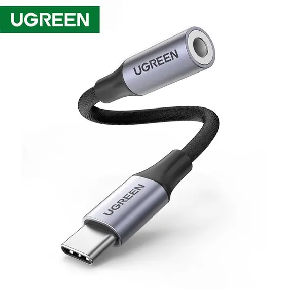 აუდიო ადაპტერი UGREEN USB-C to 3.5mm M/F Cable Aluminum Shell with Braided 10cm (Space Gray)