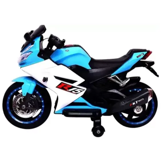 ბავშვის ელექტრო მოტოციკლი R15 კაუჩუკის საბურავებით/ტყავის სავარძლით