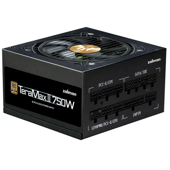 კვების ბლოკი Zalman Power supply Teramax 2 (750W) >90%, 80+ Gold, 120mm, 1xMB 18pin+10pin, 2xCPU 8pin(4+4), 3xMolex, 8xSATA, 3xPCIe 8pin(6+2), 1х12VHPWR, Fully Modular