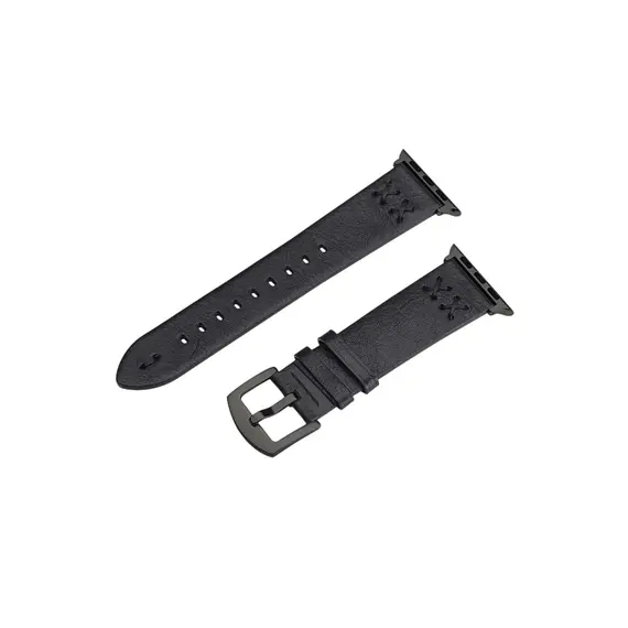 სმარტ საათის სამაჯური TVC Watch Strap for Apple Watch Series 10 9 8 7 SE 6 5 4 3 2 1 42mm 41mm 40mm 38mm Hand Stitched Lines Genuine Cow Leather Band - Black