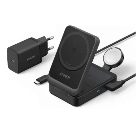 პორტატული დამტენი Anker MagGo Wireless Charging Station (15W, Foldable 3-in-1) bundle cable and charger