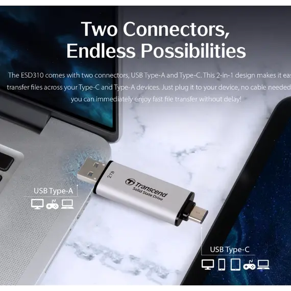 გარე მყარი დისკი Transcend 512GB, External SSD, ESD310S, USB 10Gbps, Type C/A, Silver
