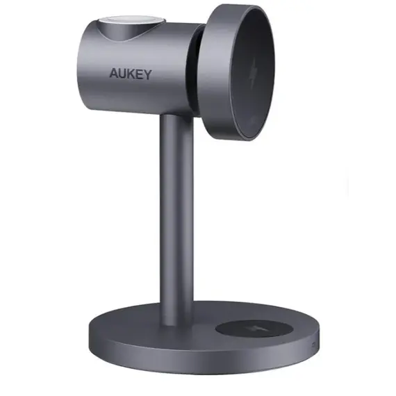 პორტატული დამტენი AUKEY LC-MC311 3-in-1 desktop magnetic wireless charger (gun color) QI2.0 version with C-C1.5M+30W European standard charging plug