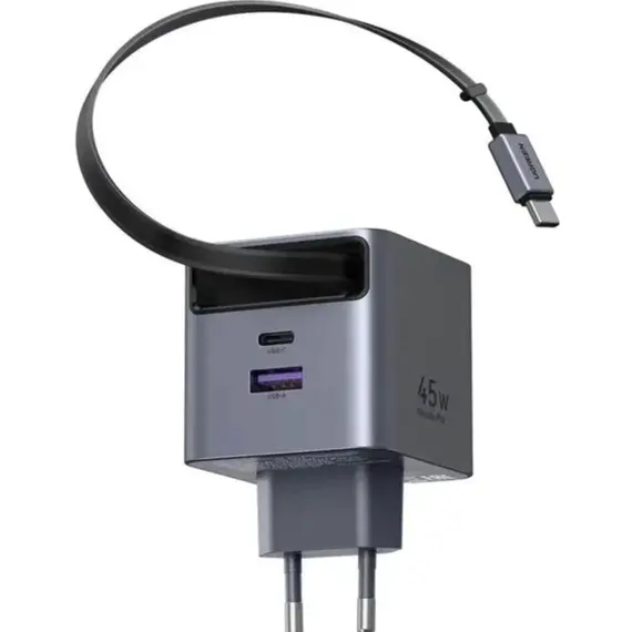 ადაპტერი UGREEN X614 (65822), 45W, Type-C, USB, GaN Fast Charger With Retractable Cable, Grey
